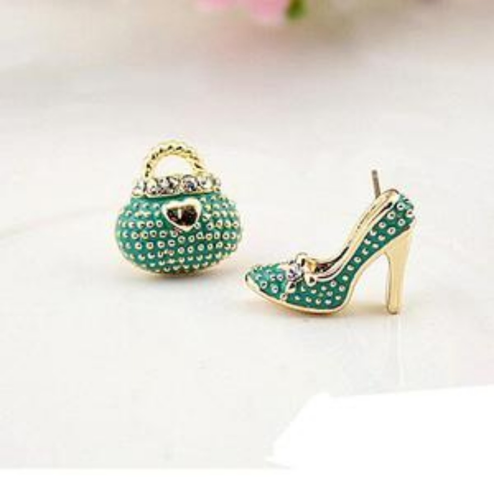 Unique Green Purse High Heel Shoe Stud Earrings